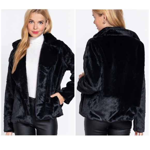Sophisticated Chic Classic Black Faux Fur Open Coat - Picture 5 of 7